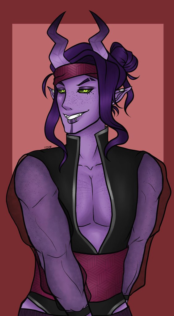 Roman, tiefling bard. he's a multiship oc just as a heads up! he is quite flirty and a romantic, loves performing, but more than anything he just wants to be with someone he feels safe with. he has been hurt before and is on the run! hes also kind of a golddigger. prefers men