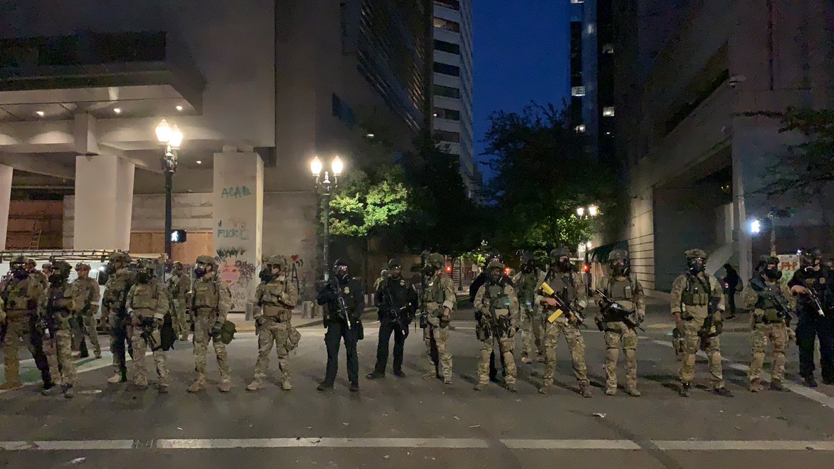 There are so many officers, some US Marshal and some PPB. They are already wearing gas masks and holding guns? Why? Nobody has done anything but stand in the street afaik.