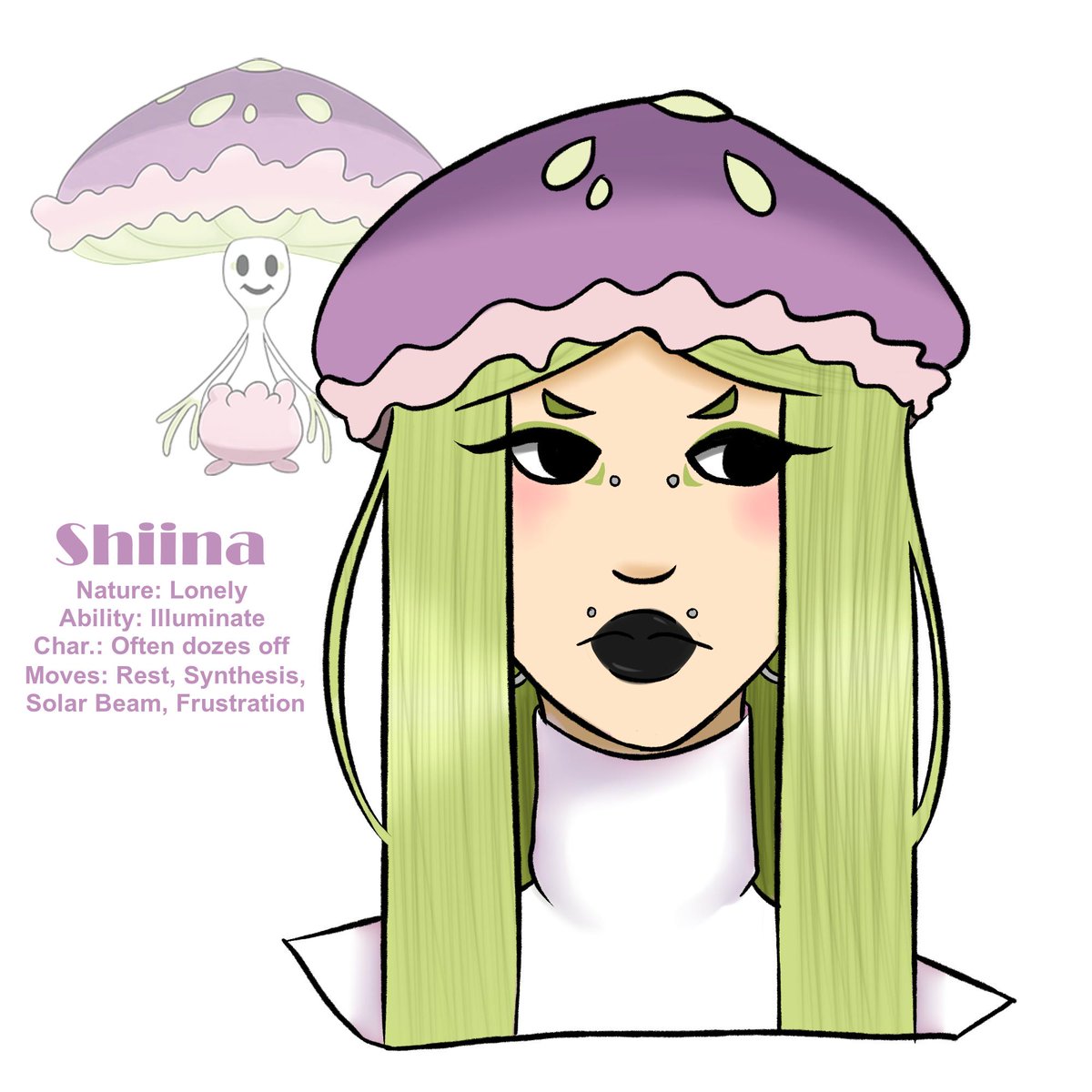 shiina, pokemon gijinka. pan, but prefers women. shes a tattoo artist and pretty quiet and kinda blunt and brutally honest, but really shes sweet and cares a lot about people. protective of her sibling, mar.