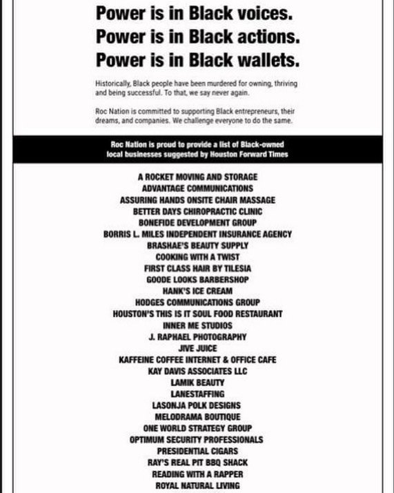 To support Black-owned businesses, JAY-Z and Roc Nation buys multiple full-page newspaper ads country-wide to highlight and bring attention to Black-owned businesses in their respected cities