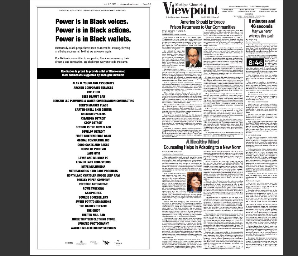 WhereImFrom96's tweet photo. To support Black-owned businesses, JAY-Z and Roc Nation buys multiple full-page newspaper ads country-wide to highlight and bring attention to Black-owned businesses in their respected cities https://t.co/wl7tCZ2gsl