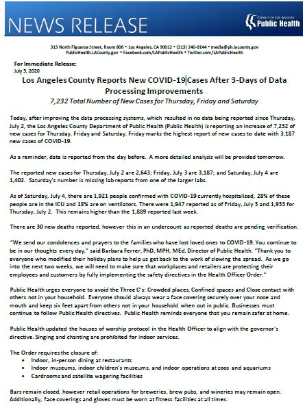 lapublichealth's tweet photo. Los Angeles County Reports New #COVID19 Cases After 3-Days of Data Processing Improvement. 
7,232 Total Number of New Cases for Thursday, Friday and Saturday.  View  https://t.co/MqrcBSfVRs for more. https://t.co/q6K8epyGxR