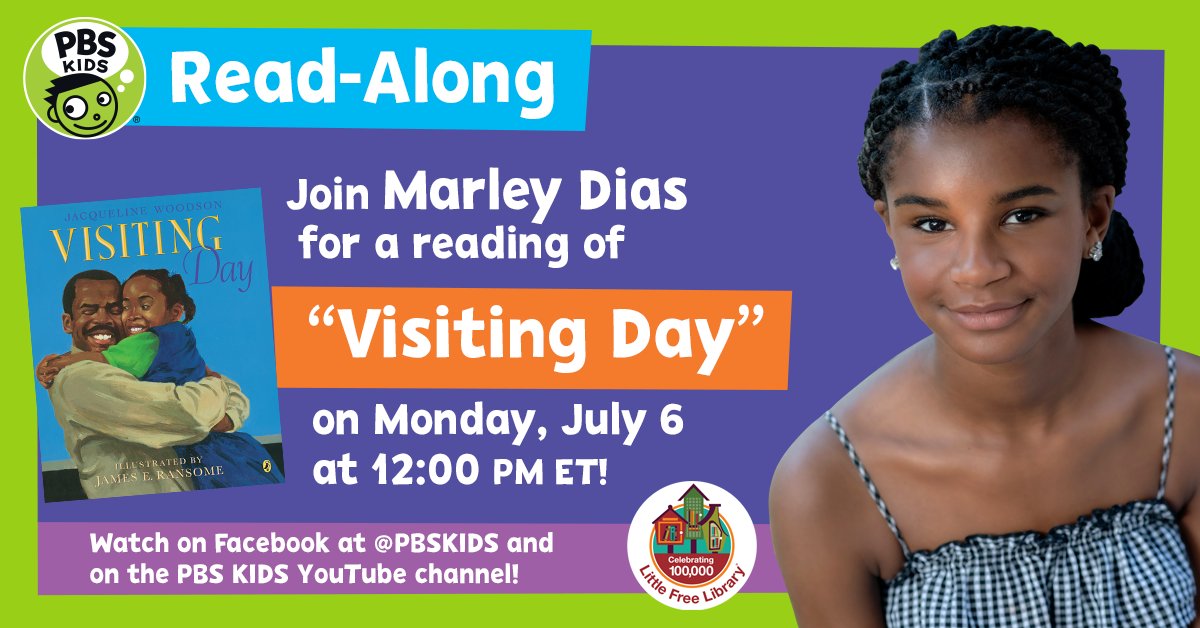 TOMORROW join us, @iammarleydias, founder of #1000BlackGirlBooks, and @PBSKIDS for a reading of @JackieWoodson's book 'Visiting Day,' a story about a little girl excited to visit her father. Watch the premiere on the PBS KIDS Facebook page and YouTube Channel tomorrow 12 pm ET!