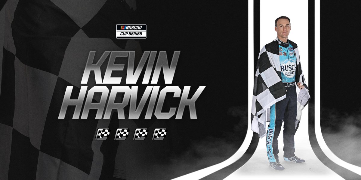 NASCAR's tweet image. CHECKERED FLAG: @KevinHarvick makes it back-to-back victories in the #Brickyard400 as he takes the checkered flag at @IMS! 🏁