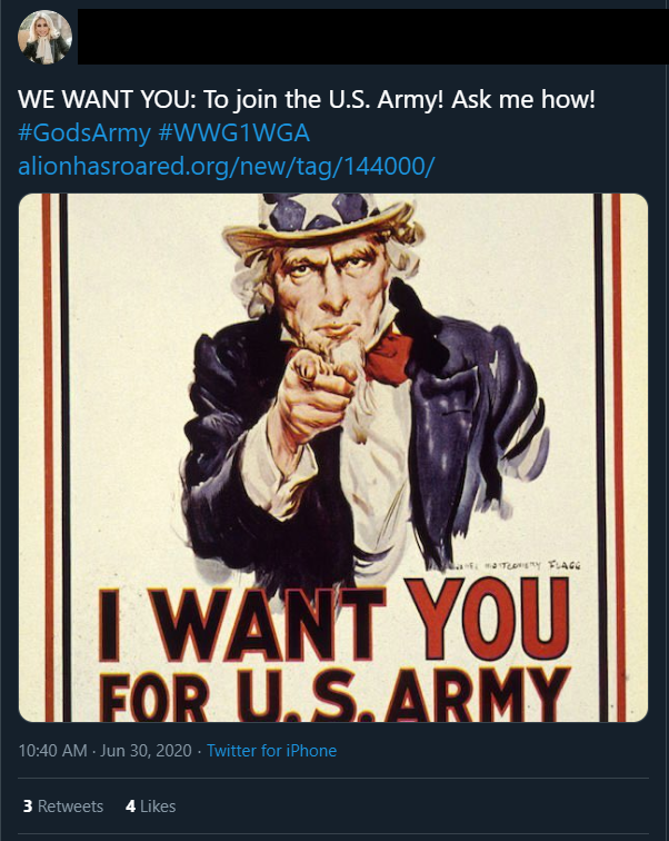 10/ On hermain Twitter account she also references the 144,000 chosen to fight in the Army of God, which she also links to QAnon. She also references this post about God recruiting  https://www.alionhasroared.org/new/tag/144000/ 