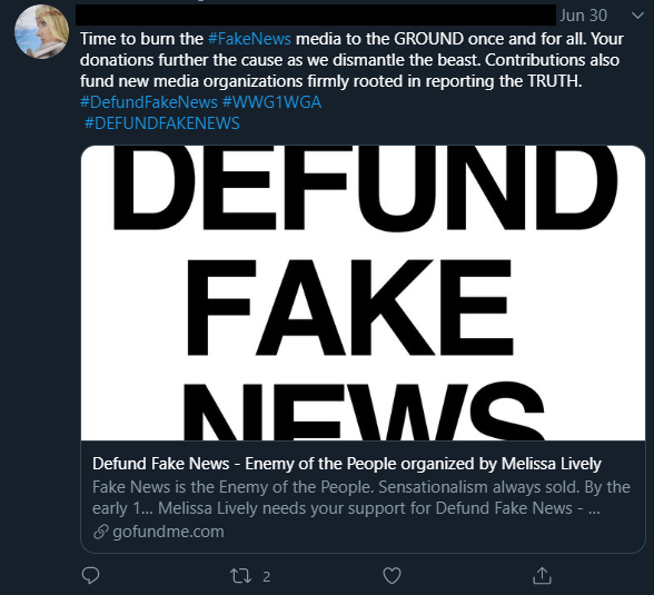 11/ So what happened on June 30? Along with another Twitter user she launched a Go Fund me for Stop Fake News. Melissa was calling for "Defunding Fake news"