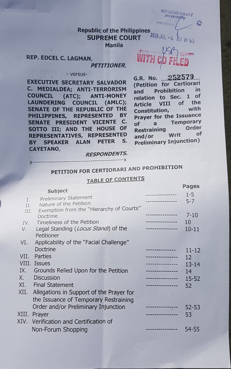 Albay Rep. Edcel Lagman is the second person to question the constitutionality of the Anti-Terrorism Act. His representatives filed a petition for certiorari and prohibition with SC this morning. | via  @mikenavallo