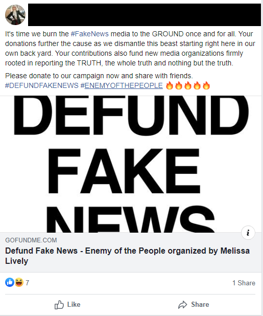 11/ So what happened on June 30? Along with another Twitter user she launched a Go Fund me for Stop Fake News. Melissa was calling for "Defunding Fake news"