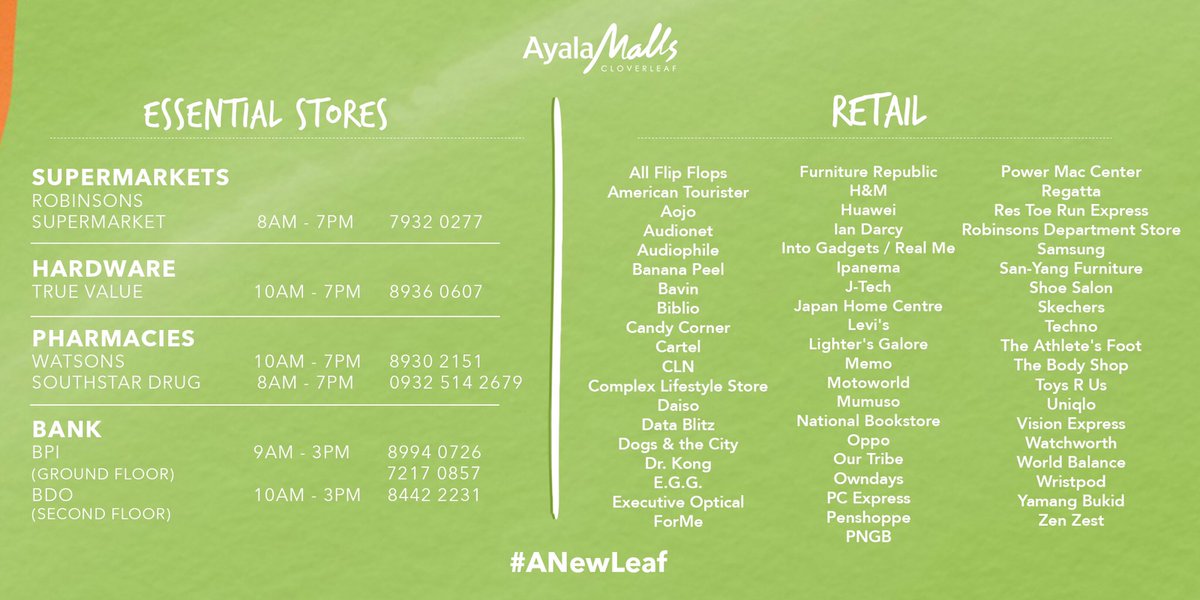 ilovecloverleaf's tweet photo. AYALA MALLS CLOVERLEAF Store Guide | July 6, 2020

Quarantine passes are no longer required. Just present your valid ID upon entering the mall. 

Visit our virtual directory: https://t.co/11A1hO6jjC for more details. Schedule may change without prior notice. https://t.co/3XXjE8fuo7