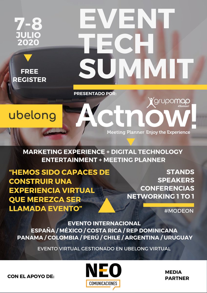 RevistaNeo's tweet photo. ¡Registro Gratuito !
NEO te invita a la experiencia virtual: Event Tech Summit
Presentado por Actnow / 07 y 08 julio 2020
https://t.co/8pyrBMuY0H
#HazMarketing #EventTechSummit #Maerketing #Tecnología #Entretenimiento @actnow_act #Ubelong #Actnow #NeoComunicaciones https://t.co/jmNpG2cHko