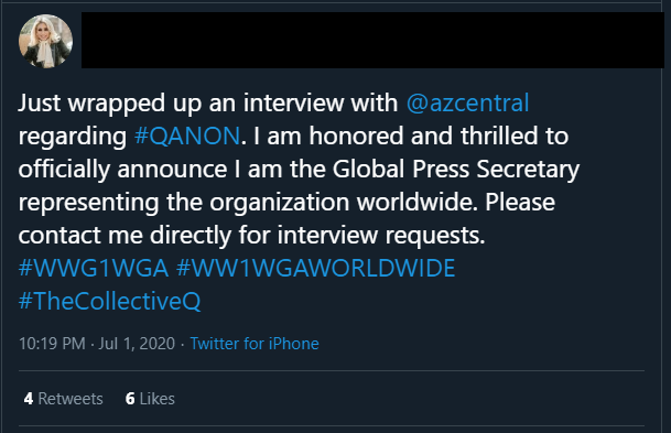 12/ On her main Twitter she has claimed that she has wrapped up an interview with "azcentral" and stated she is the Global Press Secretary for QAnon, she says the same in the IG livestream that has been widely circulated and claims she has direct contact with president Trump.