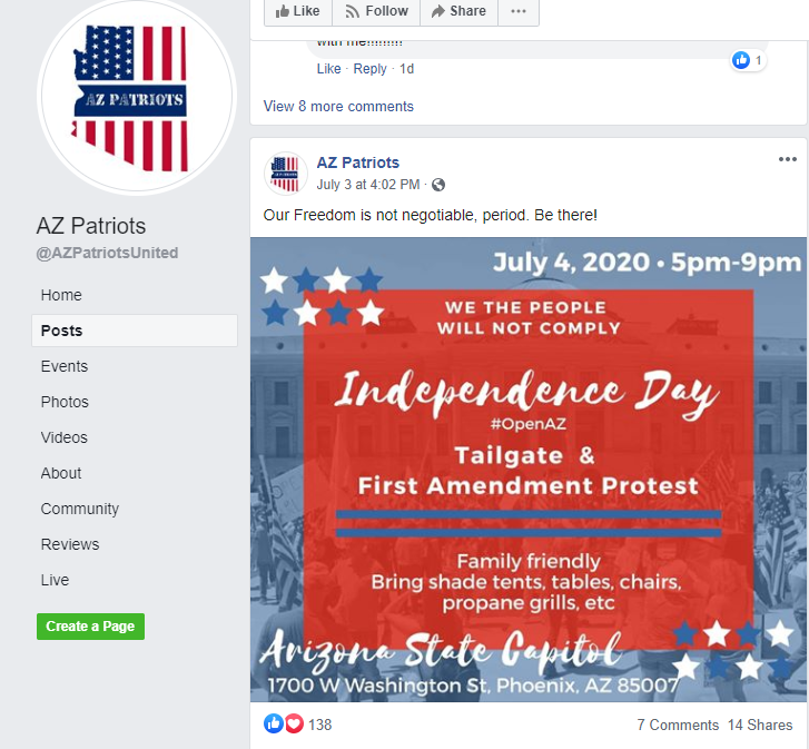 18/ Melissa was also a member of this page who promoted her event, while also hosting content of armed Phoenix patriots defending against angry BLM protesters.