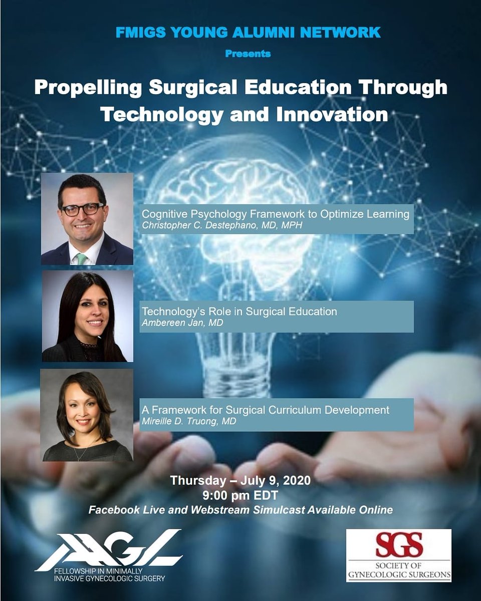 DrOshinowo's tweet photo. Join us on Thurs, 7/9/20 at 9 pm EST for the #YANLIFE @AAGL @GynSurgery panel on "Propelling Surgical Education Through Technology and Innovation." Featuring @ChrisDeSteph, @ambareen_jan and @DrMTruong. 
If you are not already registered for SGS, DM me for details.
#GYNEd https://t.co/IvNW3s4i0w