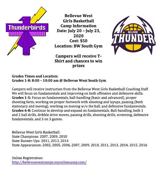LadyTBirdBBall's tweet photo. Bellevue West Girls Basketball Camp!  We will have our summer camp July 20-23 at Bellevue West.  Players entering Grades 1-8 in the fall are welcome!  $50, come get better with our players and coaches! https://t.co/lB4wVcxr2s