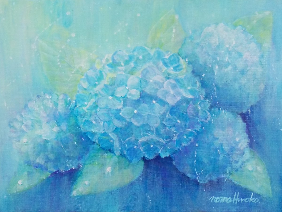 高品質の激安 油絵 青い紫陽花 F4号 絵画 タペストリ