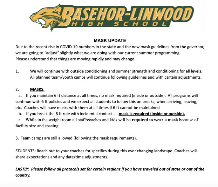 Please see information below in regards to mask requirements!   We are proud of all our families and students!   Let’s keep staying safe and keep getting better mentally and physically!   See you tomorrow!