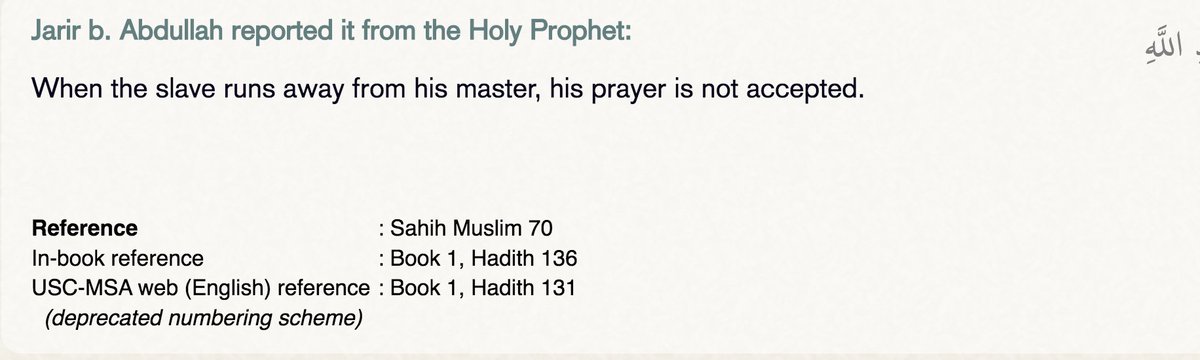 For all the spin about Muslims are allowed to "fight against oppression" Allah does not allow a slave to fight his or her master or even to run away from an oppressive master. Thus slavery is directly condoned or normalized by the Messenger. (this is graded Sahih).