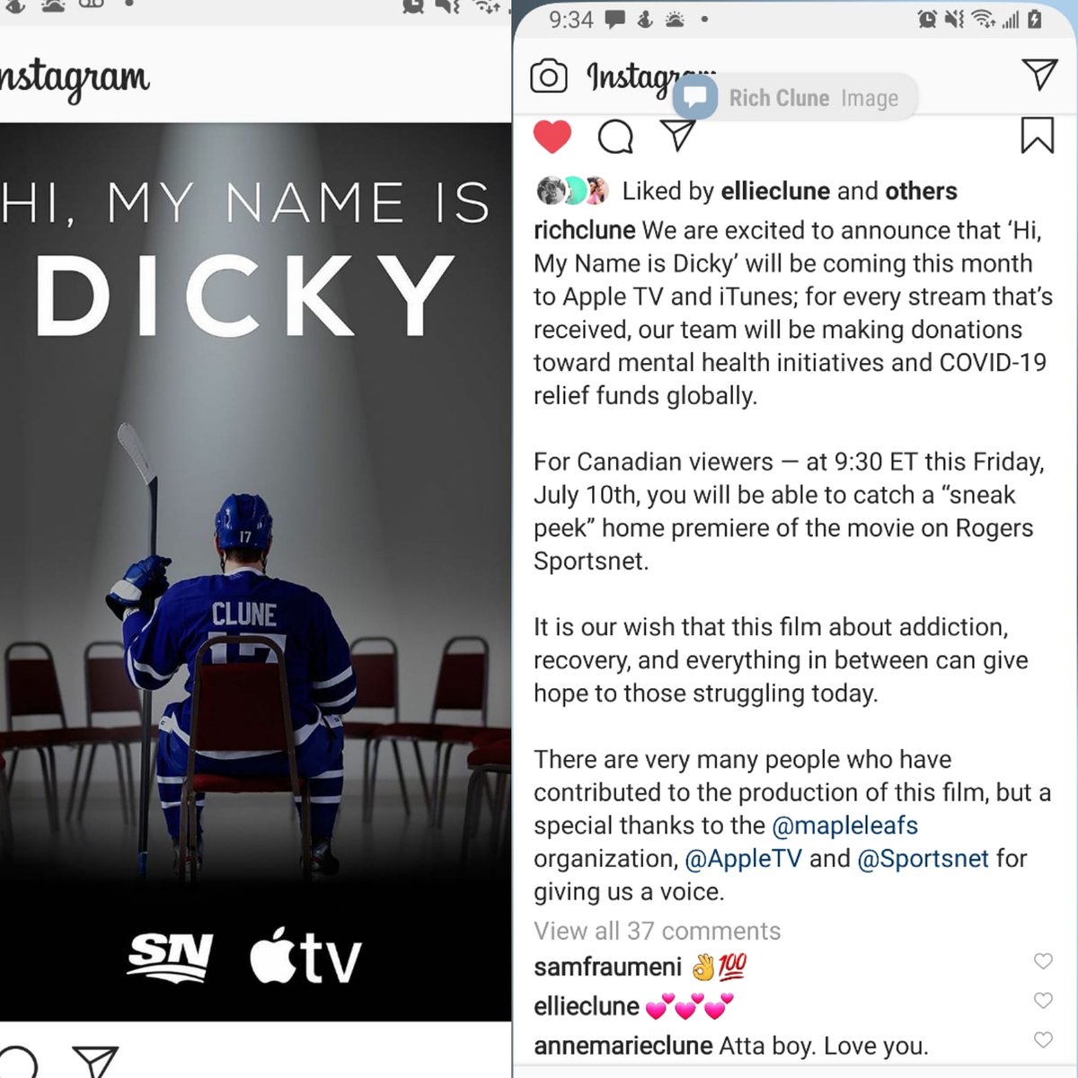 AnneMarieClune's tweet photo. What Rich says. Premier of his doc #himynameisdicky @Sportsnet 07/10/20 930pm EST
Have not seen it, so let's watch together. Proud for you to meet our boys Rich, Matt and Ben. Wish the girls Bri and Ellie were in it. Next time. Thanks for the LOVE. 🤎🤎😵 https://t.co/yLp5llnnu8