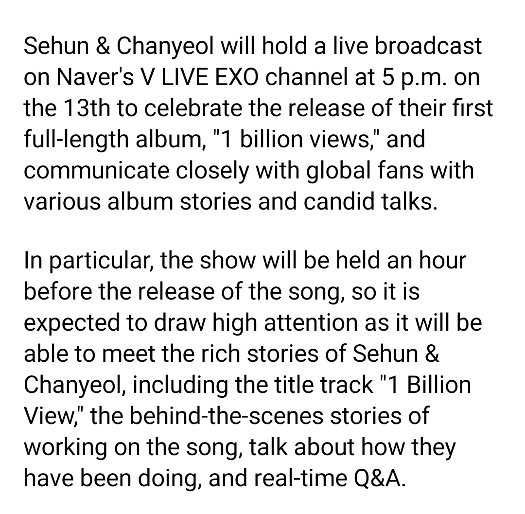 xunonme's tweet photo. Sehun &amp; Chanyeol will hold a live broadcast on Naver's V LIVE EXO channel at 13th 5PM to celebrate the release of their first full-length album, "1 billion views," and officially “On Me” is Sehun solo song and “Nothin” is Chanyeol Solo song n the album!!!

PROUD FOR EXO SC✨ https://t.co/4dz1DRJTSx