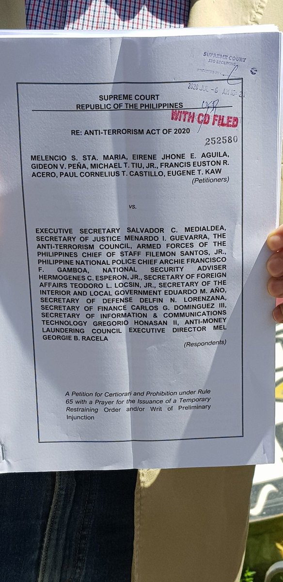 Sta. Maria and FEU Law professors filed a petition for certiorari and Prohibition with prayer for a Temporary Restraining Order and/or Writ of Preliminary Injunction. Says facial challenge (without alleging actual injury) allowed in free speech cases. | via  @mikenavallo