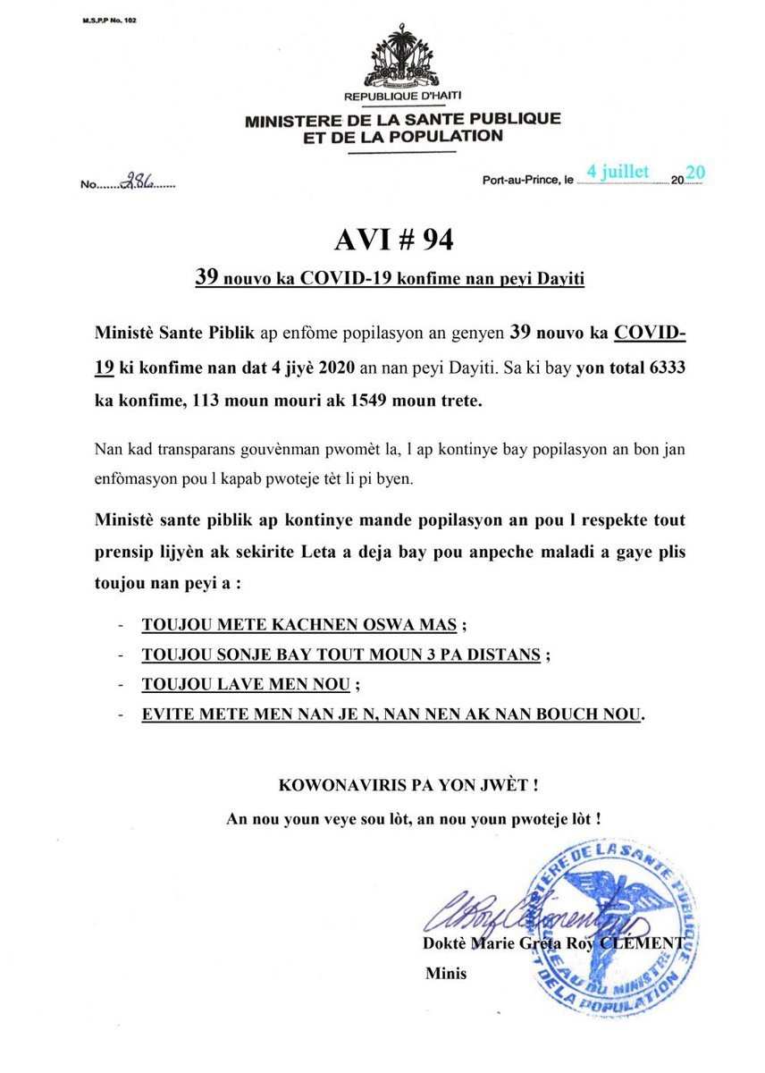 MCHaiti's tweet photo. Gen 39 nouvo ka #Covid19 ki konfime nan dat 4 jiyè 2020 an. Sa fè yon total 6333 ka konfime ki gen ladanl 1549 moun trete ak 113 moun mouri. 

Respekte prensip yo pou anpeche maladi a gaye plis.

#Covid19Ayiti #LaveMenW #PaManyenFigiw #ReteLakayOu https://t.co/rIx2Http6M