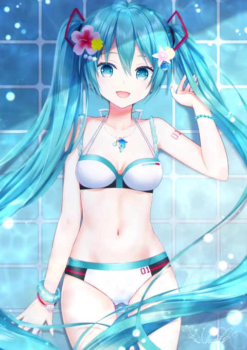 千羽茸みなさんのミクさん!水着のデザインがとってもオシャレ!髪留め等のアクセサリーも夏らしくて(・∀・)イイ!!ですね♪【https://t.co/JSbNs3GqmG】 #piapro #初音ミク 