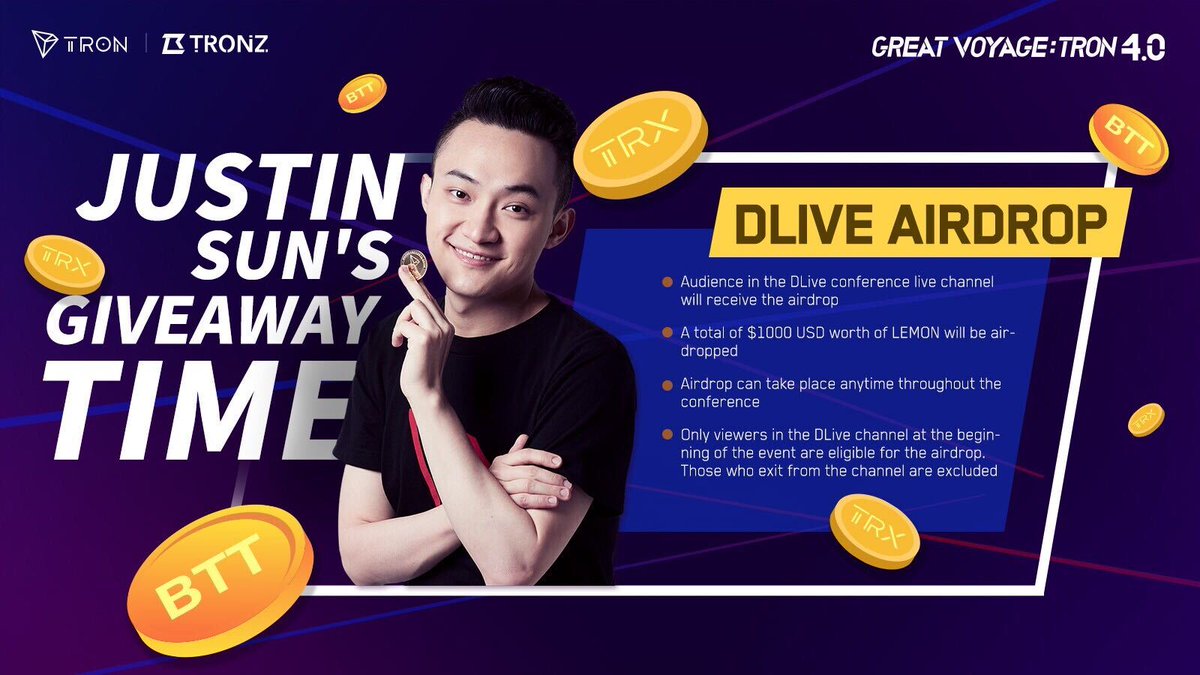 justinsuntron's tweet photo. 📢Justin Sun's Giveaway Time 

Campaign 3, #Dlive Airdrop

✅Audience in @OfficialDLive conference live channel will receive airdrop
✅$1000 worth of #Lemon
✅Airdrop can take place anytime
✅Only viewers in #Dlive channel at the beginning are eligible

#TRON #TRONConference #TRX https://t.co/PLvDdsuqDH