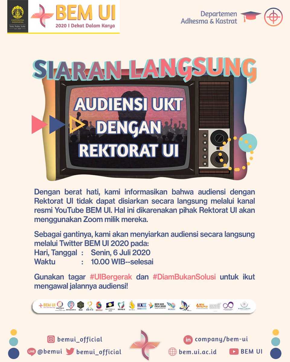 SIARAN LANGSUNG AUDIENSI UKT DENGAN REKTORAT UIHalo, IKM UI!Hari ini, kegiatan audiensi dengan Rektorat UI akan berjalan melalui Zoom. Pantau terus utas kami untuk mendapatkan laporan langsung pada audiensi tersebut! #UIBergerak  #DiamBukanSolusi