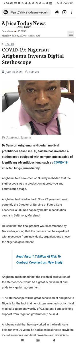 caminandums's tweet photo. Nigerian Medical Expert, Dr. Samson Arigbamu has invented a stethoscope comprising components that immediately identify Coronavirus infected lungs and shows results. #caminandum #nigeria #coronavirus https://t.co/uWJwkDS6cA