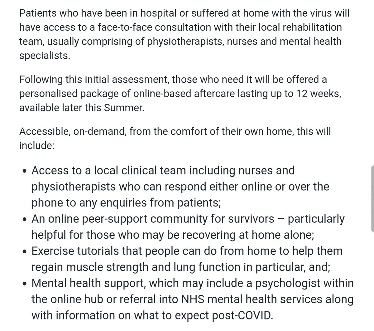 So the NHS is launching this new online rehab service for those living with long term effects of the virus. However, what is needed by many (including myself) is speedy access to specialists and diagnostic tests to rule out complications  https://www.england.nhs.uk/2020/07/nhs-to-launch-ground-breaking-online-covid-19-rehab-service/ 6/n
