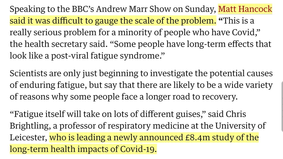 I have no idea why in the previous article, the UK health secretary claims the scale of the problem with  #longcovid is difficult to gauge - the covid symptom study has already found it affects 1 in 10 patients  https://covid.joinzoe.com/post/covid-long-term 8/n