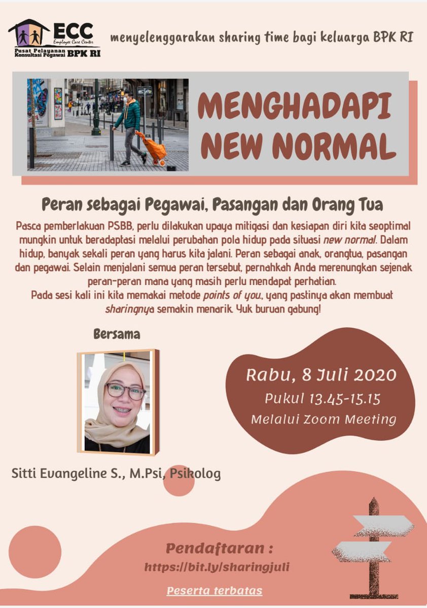 eccbpk's tweet photo. Selamat Pagi Sobat ECC,

Mengingatkan kembali, yuk ikut Sharing Time Juli yang kembali diadakan via Zoom dengan tema yang menarik yaitu "Menghadapi New Normal: Peran sebagai Pegawai, Pasangan, dan Orang tua." https://t.co/pLKwFzcY62