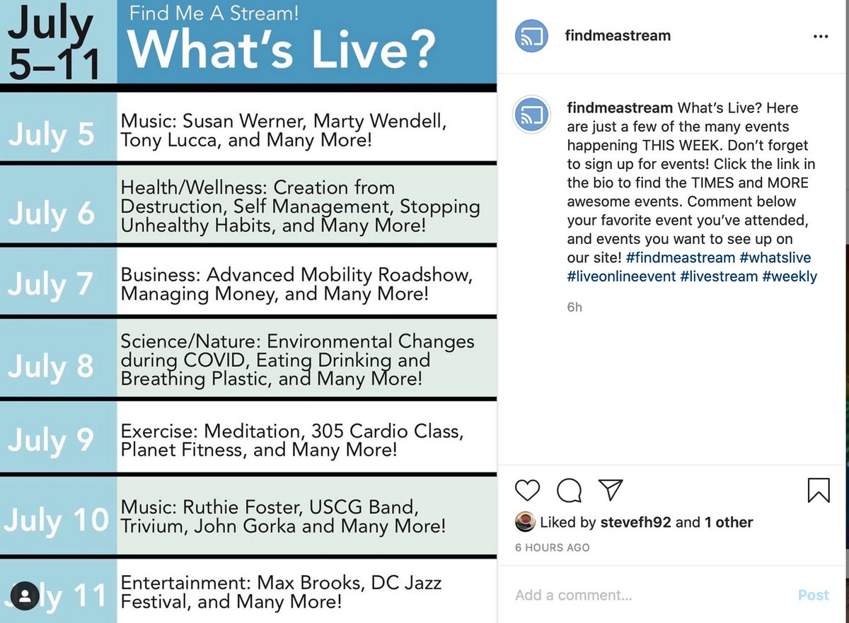 What's #Live July 5-11 <a href="/swernermusic/">S</a> @_RuthieFoster_ <a href="/TriviumOfficial/">Trivium</a> @johngorka <a href="/theNASEM/">National Academies</a> <a href="/CECSB/">CEC SB</a> @autotechcouncil <a href="/PropulsionQC/">Propulsion Québec</a> <a href="/PlanetFitness/">Planet Fitness</a> <a href="/305Fitness/">305 Fitness</a> <a href="/PaulChek/">Paul Chek</a> <a href="/NondualScience/">Science & Nonduality</a> @Livestream <a href="/nicehorsemusic/">Nice Horse</a> <a href="/saraevansmusic/">Sara Evans</a>

Follow #LiveStreams #livemusic <a href="/findmeastream/">Find Me A Stream!</a>