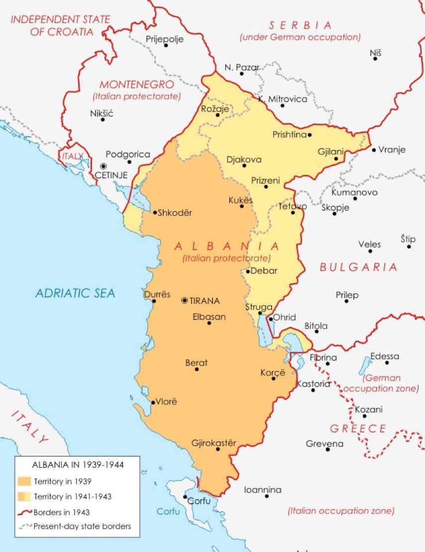 albania during 1939 - 1944 | we can see the comparison between ethnic albania and modern albania / kosovo - it has changed over time due to peace treaties and border alignments which were used as political gains for serbia, montenegro, macedonia and greece