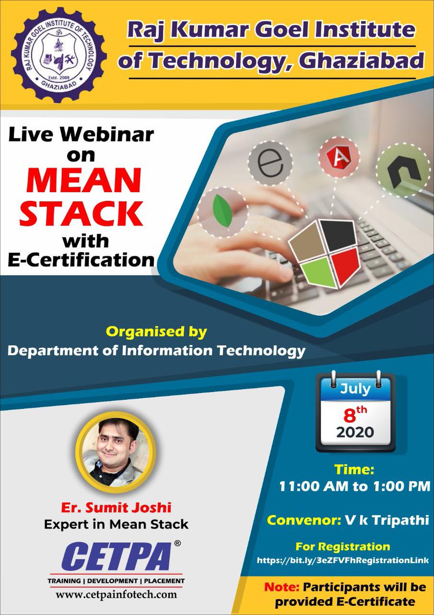 rkgit_'s tweet image. Hearty welcome to the webinar on “MEAN STACK ”
Registration link-
👉 bit.ly/3eZFVFhRegistr…
#fdp #faculty_development_program #machinelearning #artificialintelligence #ai #datascience #technology #pytho #deeplearning @AKTU_Lucknow @aktuupsee @Vineetkansal2