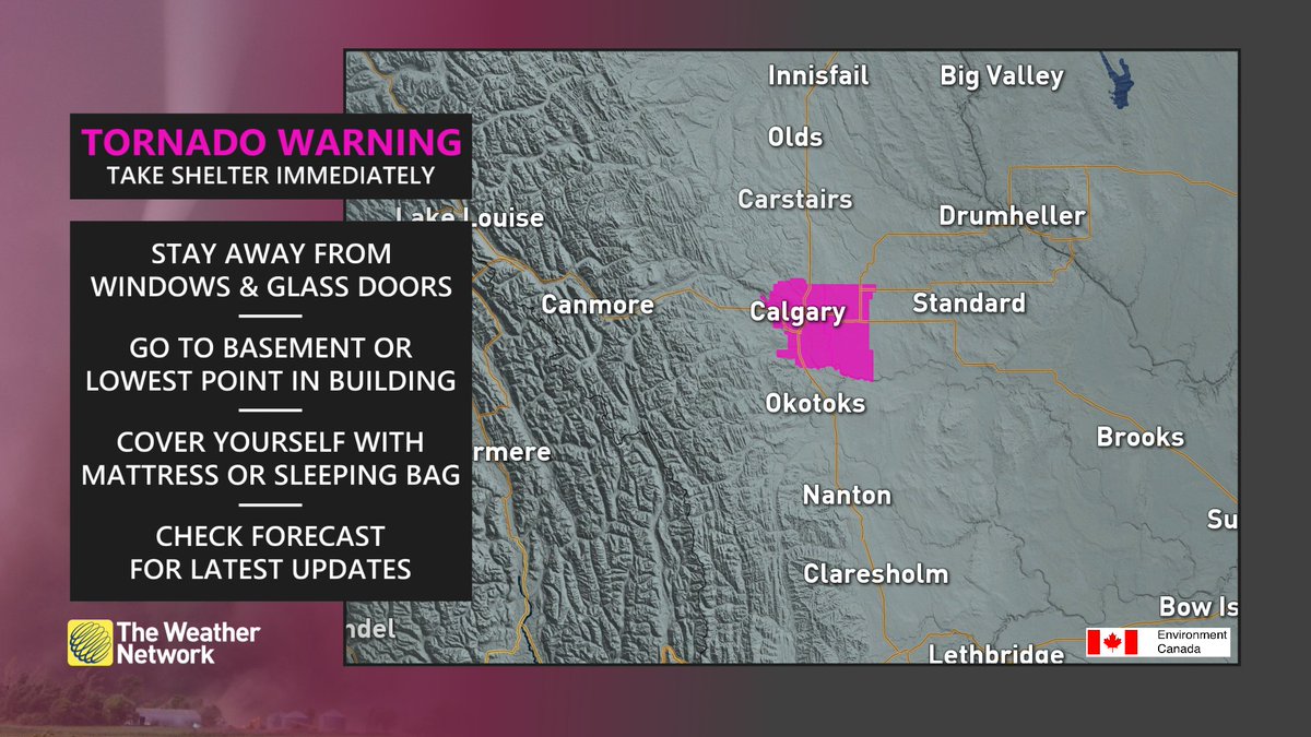 weathernetwork's tweet photo. Tornado WARNING in Alberta for: 

- City of Calgary
- Rocky View Co. near Chestermere Dalroy and Dalemead

Take cover NOW. #abstorm https://t.co/XAl0Er69Wh
