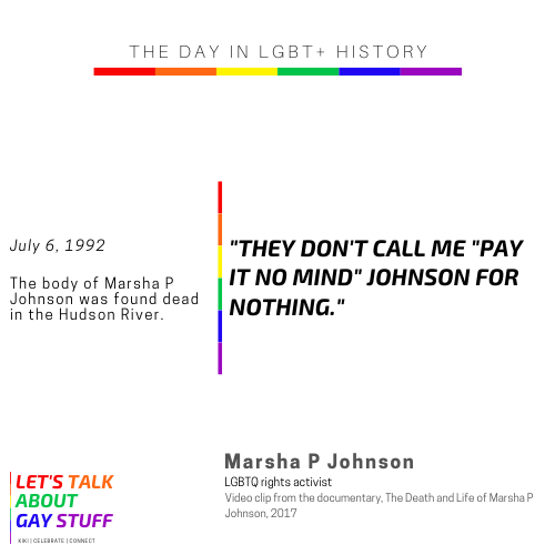 talkgaystuff's tweet photo. This day in #LGBTQ #history, LGBTQ icon & pioneer, Marsha P Johnson, was found dead in 1992.
Known for her charm, she is celebrated for her role in today's fight for LGBTQ equality.
#podcast #letstalkaboutgaystuff #lgbqthistory #justice #marshapjohnson #mpji #payitnomind #july6 https://t.co/A5kNl3F0bC