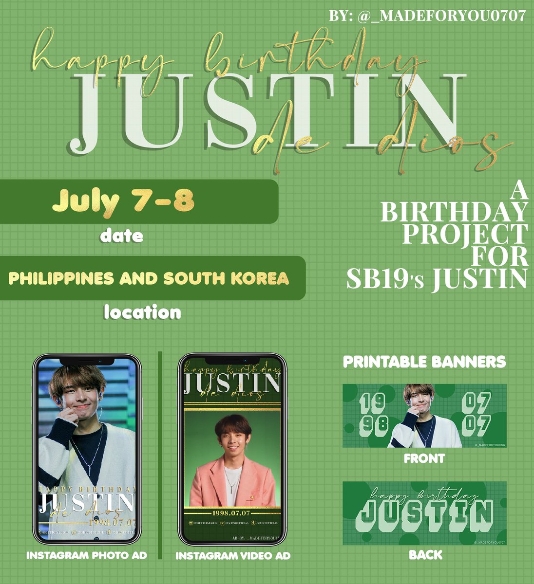 Instagram Ad & Printable banners!By:  @_madeforyou0707 : If you see this ad feel free to tag her or on instagram and get a chance to have a special photocard. Also, printable banner will be posted tomorrow!JUSTINDay D1andONLY @jah447798  @SB19Official