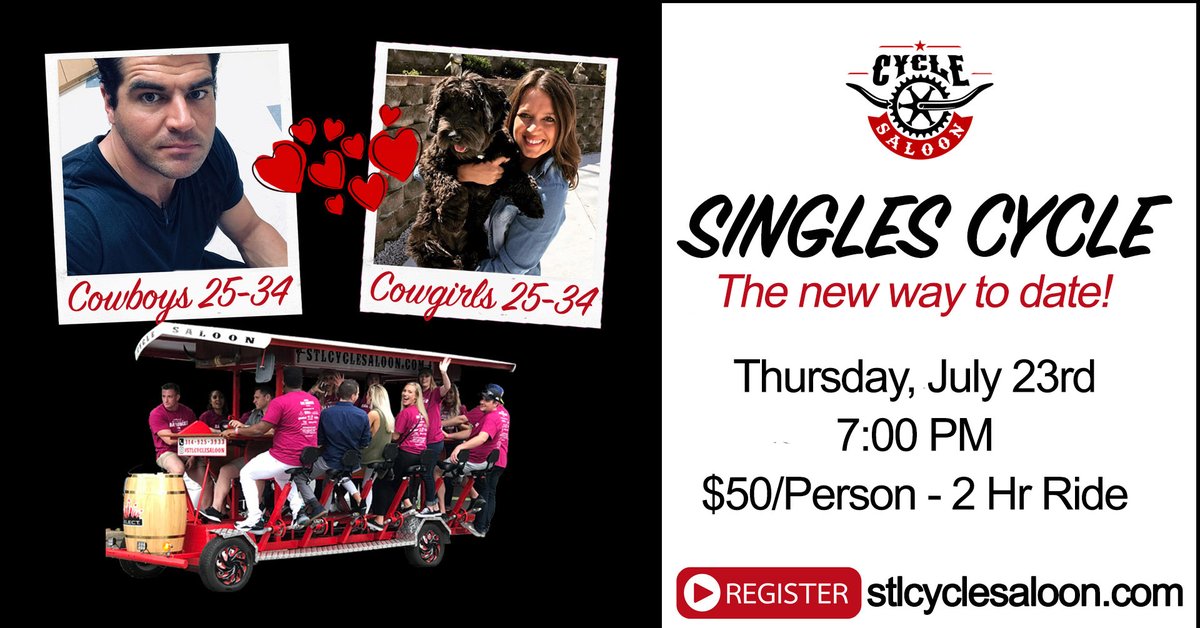 STLCycleSaloon's tweet photo. Attn: #STL #Singles: Tired of swiping right with no results? Hop on board the Cycle Saloon for a 2-hour "bar crawl on wheels" through #Soulard. Meet other singles, enjoy some drinks &amp; tunes, &amp; pedal your way into someone's heart. #StLouis #Dating https://t.co/s8ybEHMZ3l https://t.co/abWT8g0aPQ