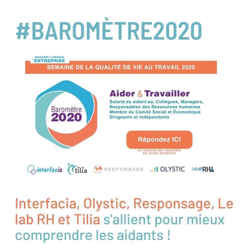 Dernière semaine pour répondre à l'enquête #AiderEtTravailler ! 

INTERFACIA, OLYSTIC, Responsage,   LelabRH et Tilia - pour les Aidants  - s’allient afin de vous proposer le #Baromètre2020 des #aidants, aidez-nous en cliquant ici 

▶️  bit.ly/2Bpdkee