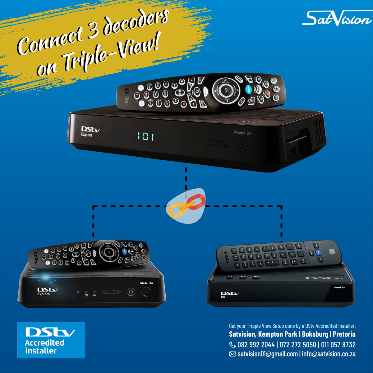 Satvision3's tweet photo. Did you know you can link 3 decoders on triple view and pay for 1 subscription.
Satvision, Your Go To DStv Installers are able to assist you with the installation.
Call or WhatsApp 0829922044 | 0722725050
#ExtraView #DStv #AccreditedInstaller #Satvision https://t.co/yCJ3PbY8y0