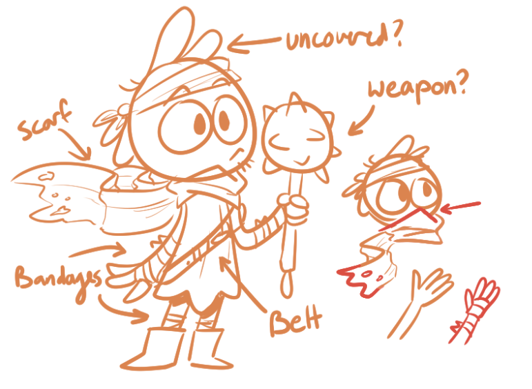 roleswitch wander qualities to incorporate?Scarf: covers the neck (i love the lil bump that covers the face), and has fun scarf tails (i love drawing the tears/holes in it)Bandages: arms w/o bandages seem empty, bandages provides detail and makes it easier to draw his hands,,,