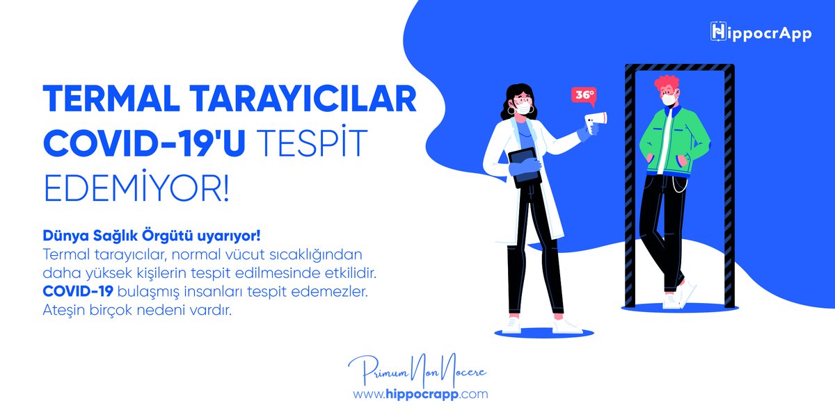 MedklikApp's tweet photo. Dünya Sağlık Örgütü Uyarıyor!
Termal tarayıcılar, normal vücut sıcaklığından daha yüksek kişilerin tespit edilmesinde etkilidir. Covid-19 bulaşmış insanları tespit edemezler. Ateşin birçok nedeni vardır.
#HippocrApp #Tıp #Hekim #DişHekimi #Vaka
https://t.co/tvNWY8Owjr https://t.co/Rwwe0Slgbd