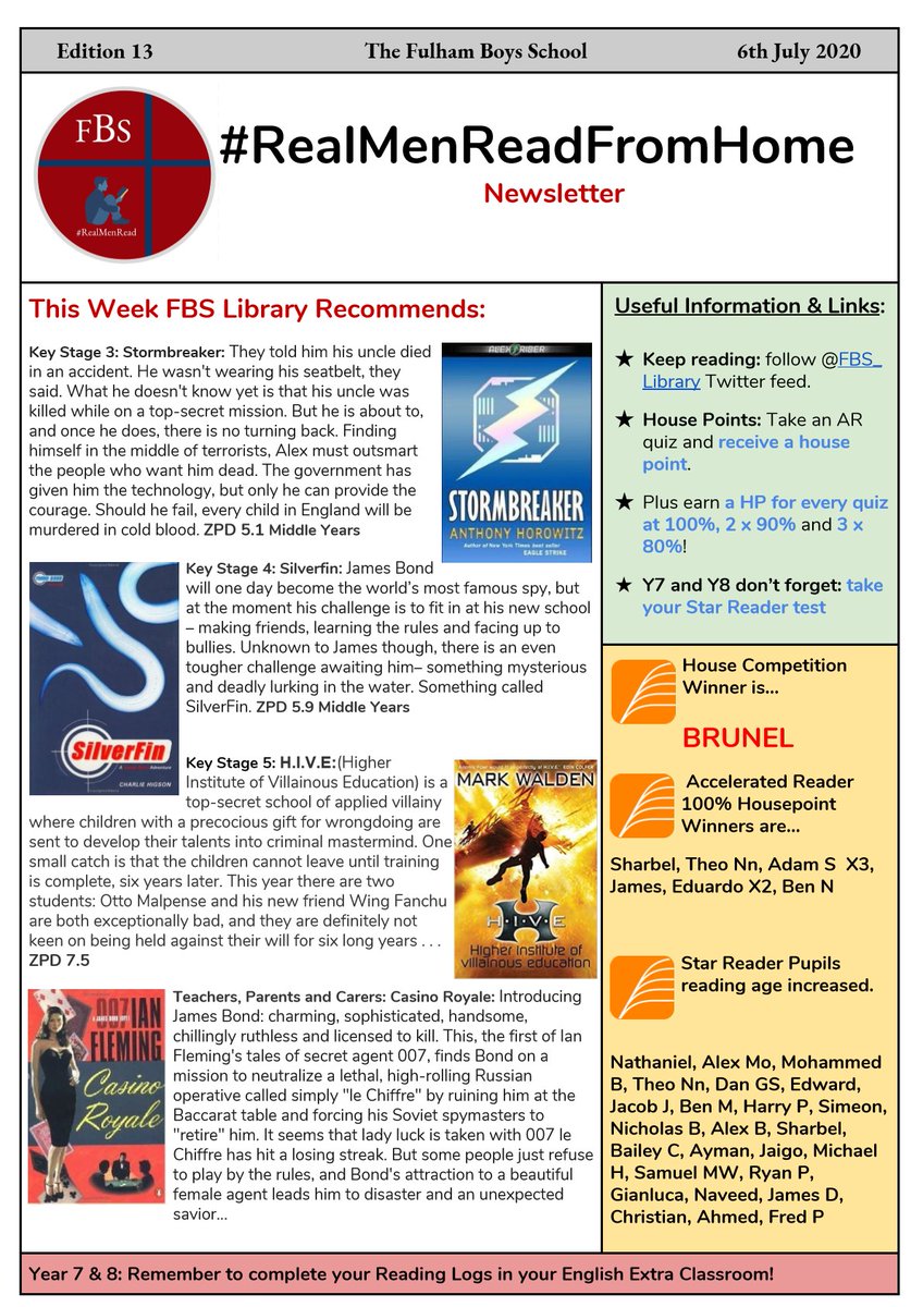FBS_Library's tweet photo. Good Morning gents here is Edition 13 of #RealMenReadFromHome newsletter @FulhamBoys well done @FBS_Brunel for winning the house points competition. Keep Reading and taking those quizzes. Y7 and Y8 take your star reader tests. @FBS_Wilberforce @FBS_Liddell https://t.co/DWWLquouiU