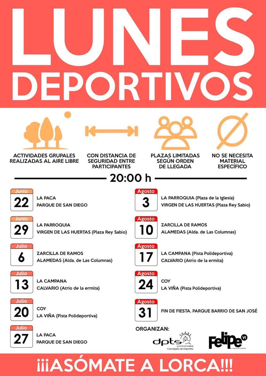 DeportesLorca's tweet photo. ¡Los ‘Lunes Deportivos’ estarán hoy, a las 20:00h, en Las Alamedas y en La Zarcilla de Ramos 🤸🏻♂️🏋🏽♀️ #AsómateaLorca #Lorca #veranoydeporte #actividadfísica #lunesdepotivos #venaLorca
¡Os esperamos para hacer deporte y actividad física ! 🙅🏻♂️🙆🏻♀️🙇🏼♀️🙇🏻♂️ https://t.co/bEikhrd0mK