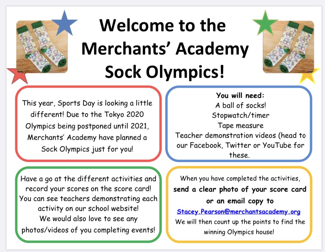 MASport_PE's tweet photo. This week we are launching the Merchants’ Academy Sock Olympics as part of @MA_Houses competition.  Thanks to @MissGrahamteach There are 8 challenges to complete throughout the week which will be tweeted daily! You can then submit your scores and videos via email #goodluck https://t.co/0skhDOnGie