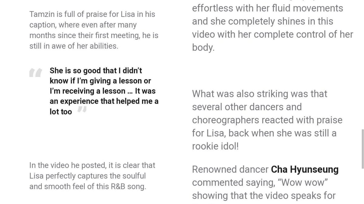 CYJ/TAMZIN CHOI(dance mentor for produce 48+choreographer for many famous gp like exo,rv,tw,got7,etc)“she is so good,idk if I'm giving a lesson or I'm receiving a lesson,it was an experience that helped me a lot too”“lisa best dancer + kai too”Make sure to read all okay!