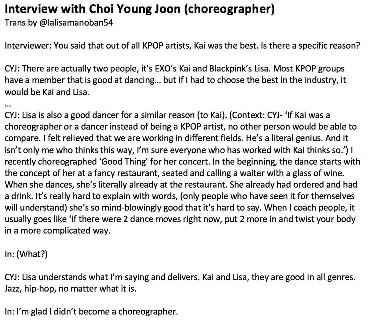 CYJ/TAMZIN CHOI(dance mentor for produce 48+choreographer for many famous gp like exo,rv,tw,got7,etc)“she is so good,idk if I'm giving a lesson or I'm receiving a lesson,it was an experience that helped me a lot too”“lisa best dancer + kai too”Make sure to read all okay!