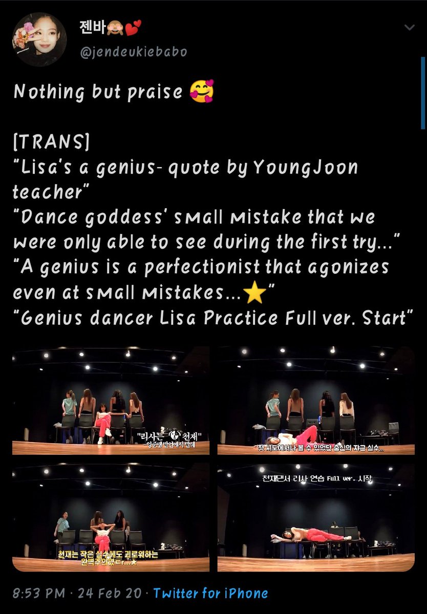 Another one he praise Lisa! He post good thing dance on ig with caption“Fist day of lisa dance practice!LISA a genius of learning and mastering”2 last pic is from good thing dance practice video on YT and he qoute on the video and here the trans! Make sure to read!