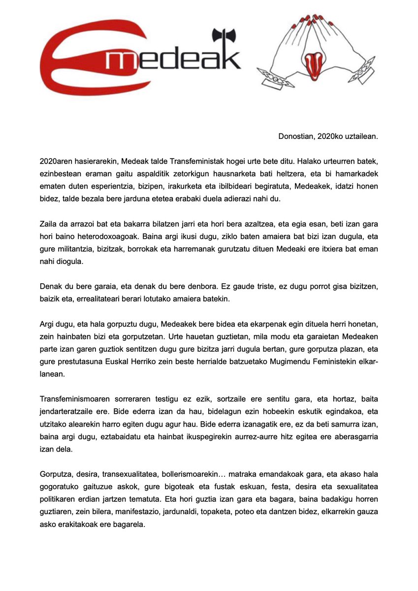 MedeakTF's tweet photo. KOMUNIKATUA: PLAZER BAT IZAN DA. 
Aurten Medeakek 20 urte bete ditu, eta honekin batera, agur beroena esateko momentua iritsi zaigu. Mila esker guztiagatik, eta kaleetan ikusiko dugu elkar! https://t.co/FfHYvb50xT